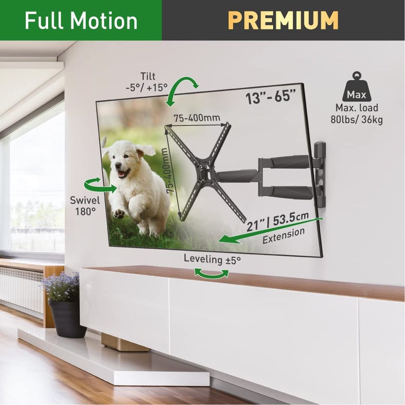 Barkan TV Wall Mount, 13-65 inch Full Motion Articulating - 4 Movement Long Premium Flat/Curved Screen Bracket, up to 80 lbs, Extremely Extendable, Lifetime Limited Warranty,Fits LED OLED LCD - Image 2